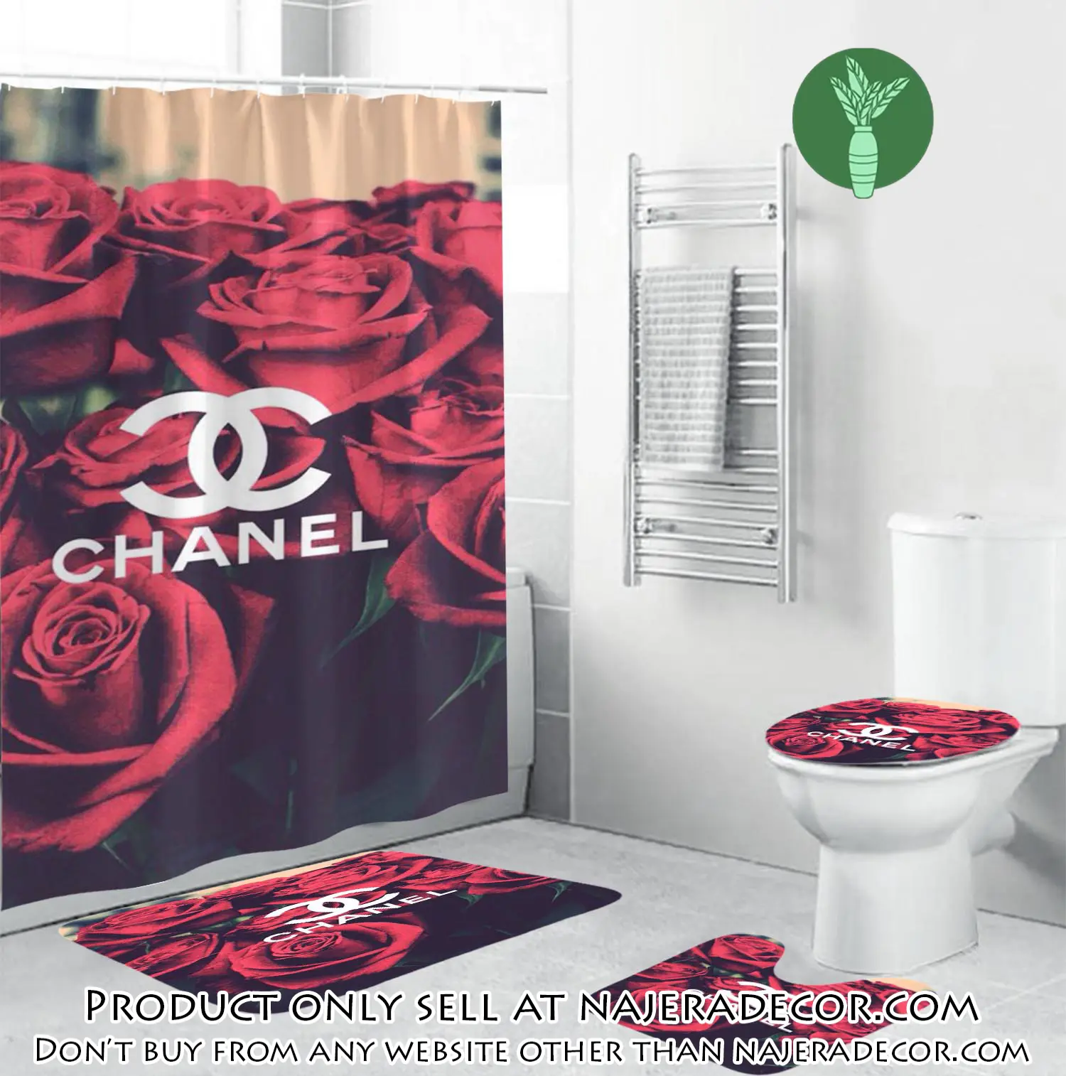 Coco chanel logo in red roses background bathroom set shower curtain njr1826098